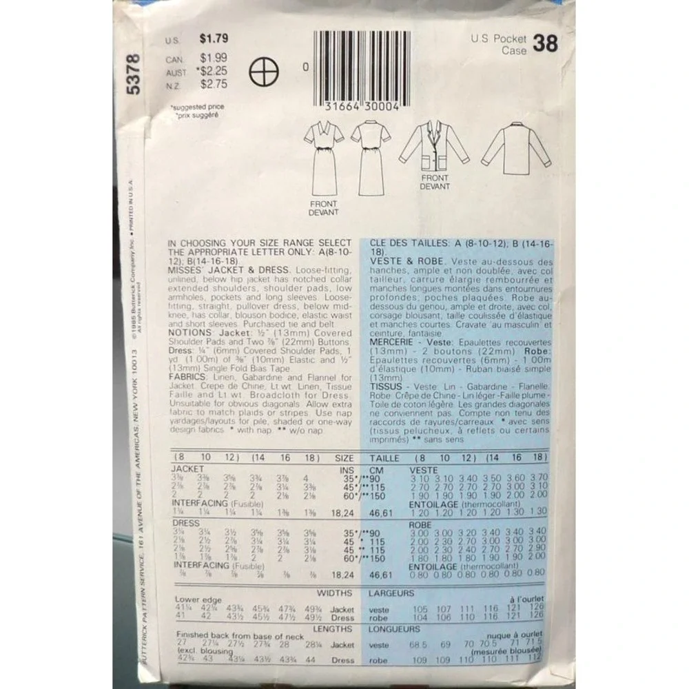 Vintage See & Sew Sewing Pattern 5378 Women's Jacket & Dress‎ Size 8-10 Uncut